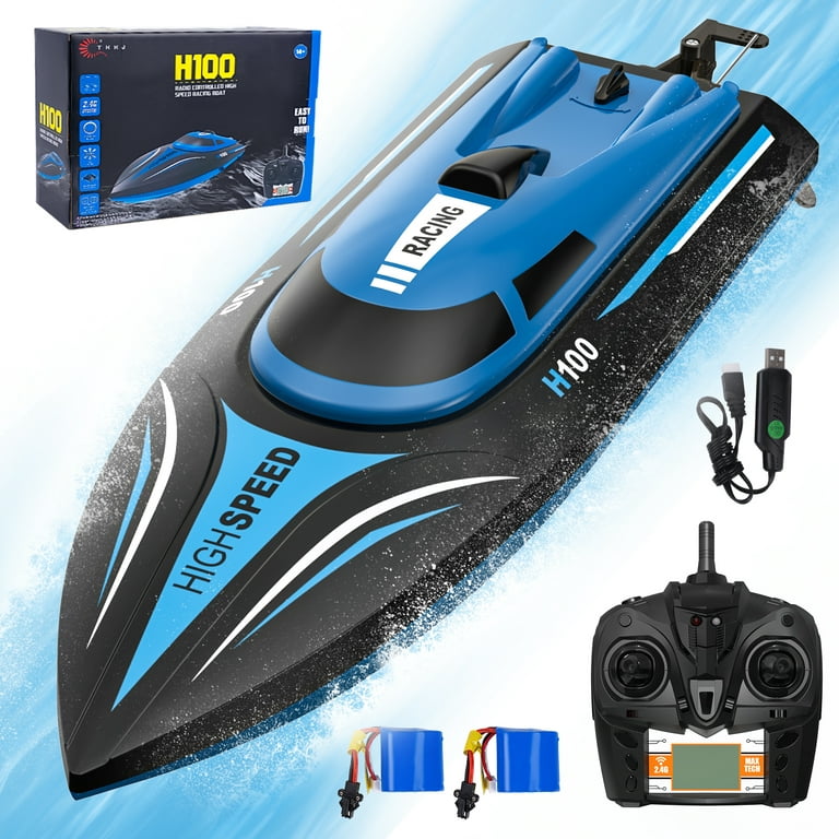Auoshi RC Boat for Adults and Kids, 20+ MPH Fast Remote Control Boat for Pools and Lakes, 2.4GHz Racing Boats, 2 Battery, Low Battery Alarm, Capsize