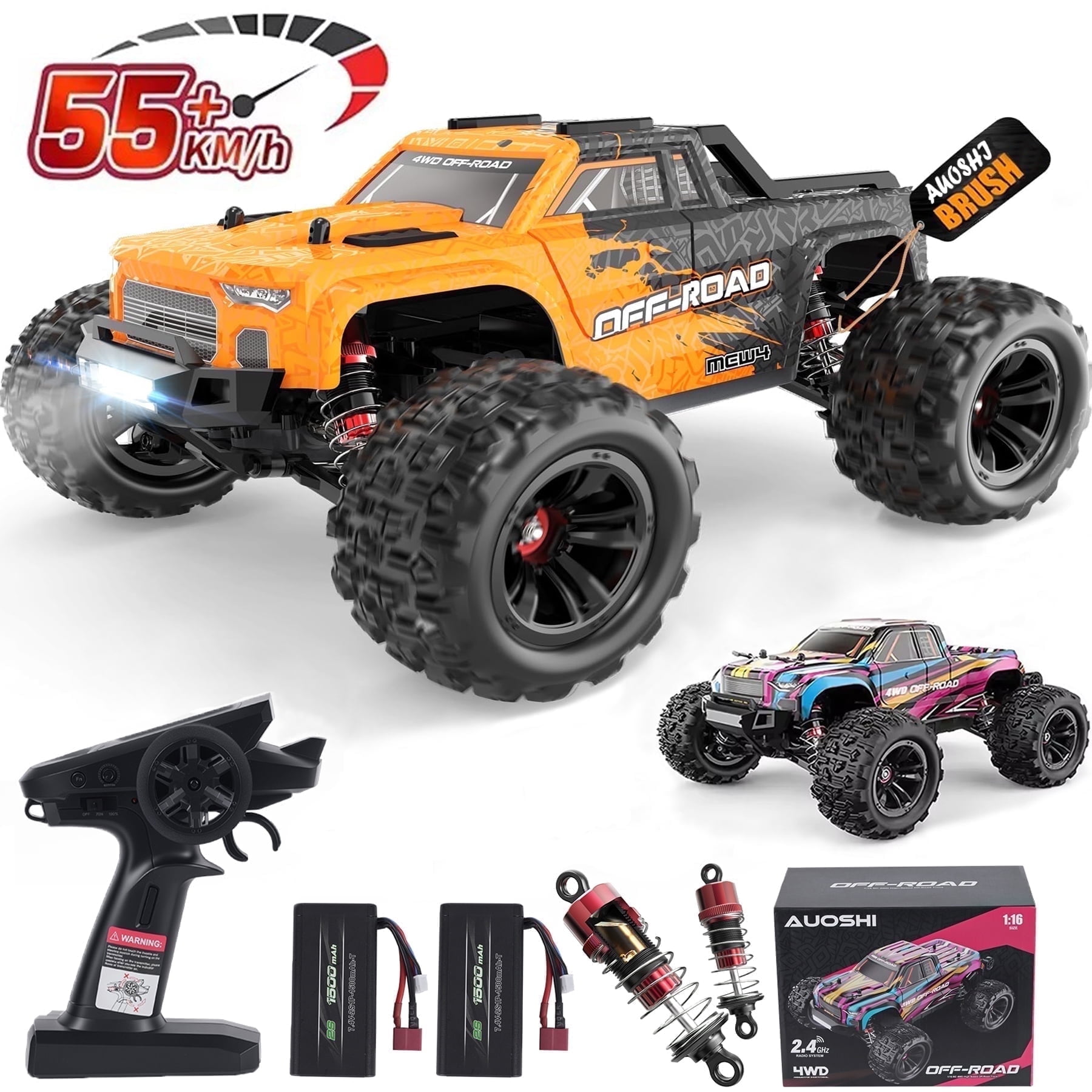 AUOSHI RC Cars 1:16 High Speed Remote Control Truck, 4WD All Terrain Off Road RC Truck 40+MPH with LED Lights, 2 Batteries for Kids and Adults Toy Gifts