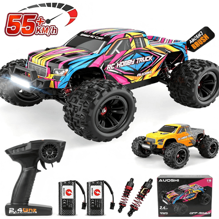 AUOSHI RC Cars 1:16 High Speed Remote Control Truck, 4WD All Terrain Off Road RC Truck 35+MPH with LED Lights, 2 Batteries for Kids and Adults Toy Gifts