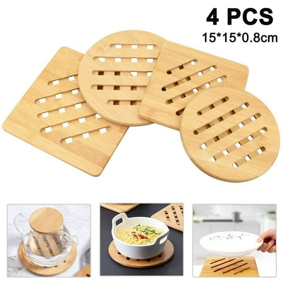 AUPERTO 4 Pcs Bamboo Trivet Mat Set, Hot Pads Trivet,Table Solid Bamboo Wood Trivets for Hot Dishes and Pot Heat Resistant Pads Teapot Trivet