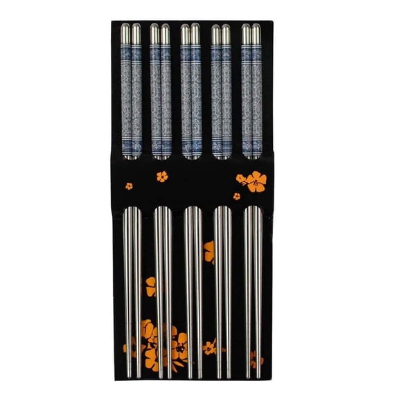 AUPERTO Chopsticks 5 Pairs, Stainless Steel Chop Sticks , Reusable Chopstick Gift Set with Box, Blue and White Porcelain