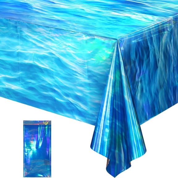 AUQ 1 Pcs Iridescent Ocean Waves Tablecloths Disposable Plastic Ocean Blue Table Cloth Rectangle Table Covers for under the Sea Beach Surf Ocean Pool Party Birthday Party Decorations