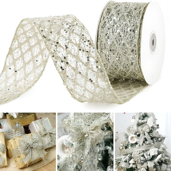 AUQ 1 Roll 2.5 Inch Glitter Diamond Mesh Wired Ribbon for Christmas Tree Gift Wrapping Crafts Bows Wreaths Garland Tree Topper Holiday Decor 10 Yards
