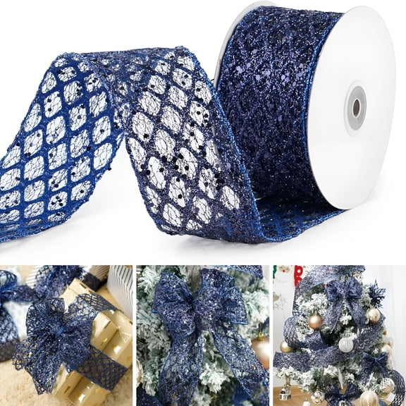 AUQ 1 Roll 2.5 Inch Glitter Diamond Mesh Wired Ribbon for Christmas Tree Gift Wrapping Crafts Bows Wreaths Garland Tree Topper Holiday Decor 10 Yards