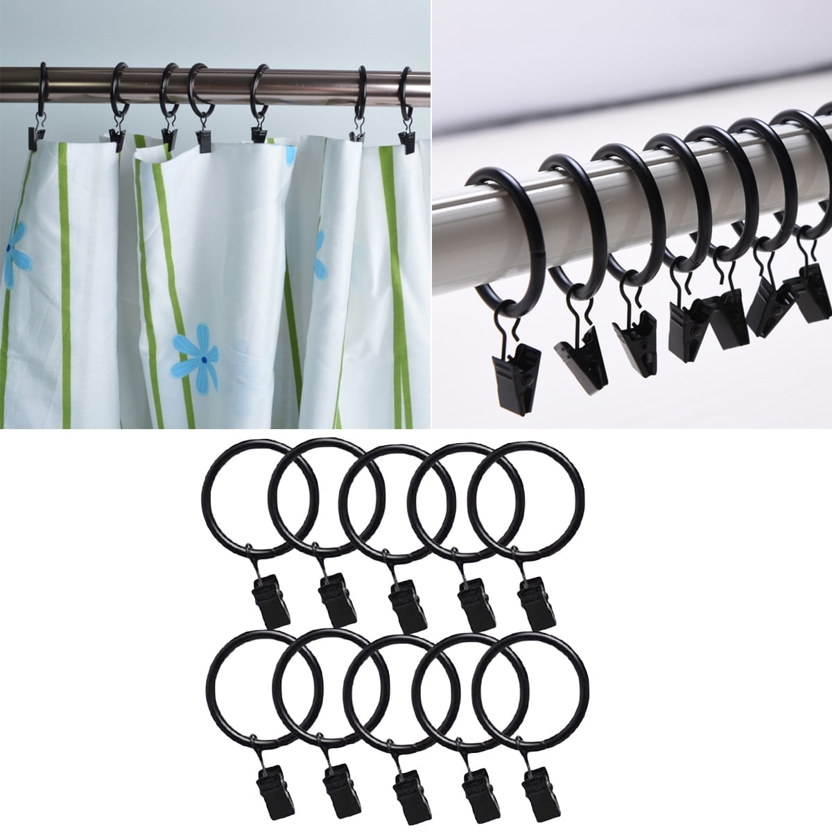 AUQ 10 Pack Vintage Black Curtain Rings with Clips Metal Drapery Clip