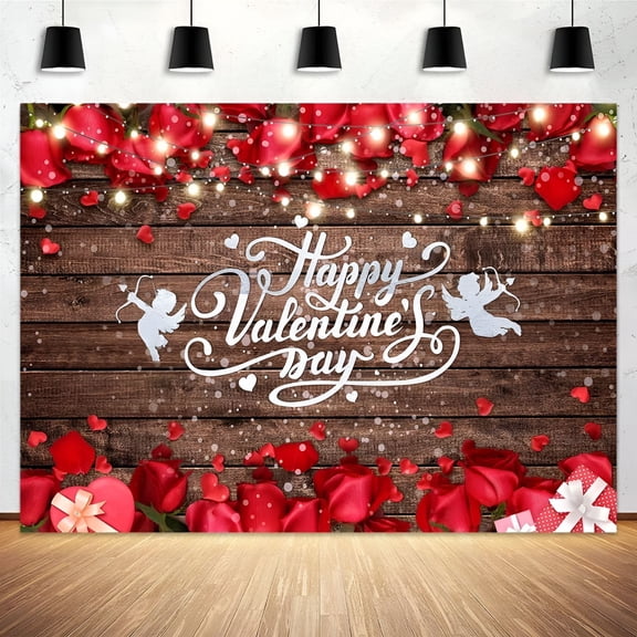 AUQ 10 x 8 ft Brown Wood Love Heart Rose Print Photography Backdrop Valentine's Day Theme Backdrop Engagement Wedding Anniversary Proposal Couple Party Decoration Photo Photography Background