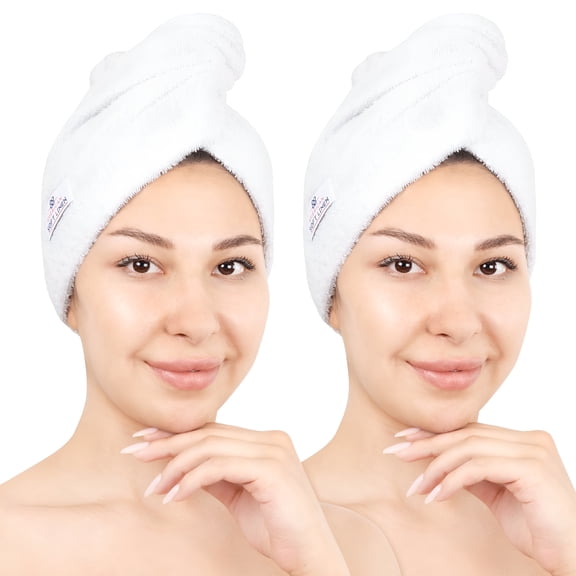 AUQ 100% Cotton Turkish Hair Drying Towels,Hair Towel Wrap for Women 2 Piece Quick Drying Hair Turban Towel Wrap,White