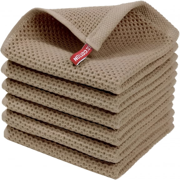 AUQ 100% Cotton Waffle Weave Kitchen Dish Cloths,Ultra Soft Absorbent Quick Drying Dish Towels,12 x 12 Inches,6-Pack,Tan