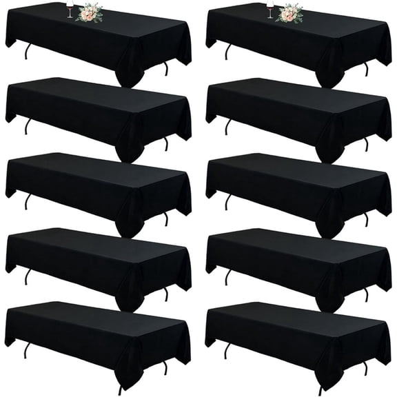 AUQ 10Pack Black Table Cloths for 8 Foot Rectangle Tables 60 x 126 Inch 8FT Black Tablecloth Rectangle Bulk Linen Polyester Fabric Washable Cloth Cover for Wedding Reception Banquet Birthday Party