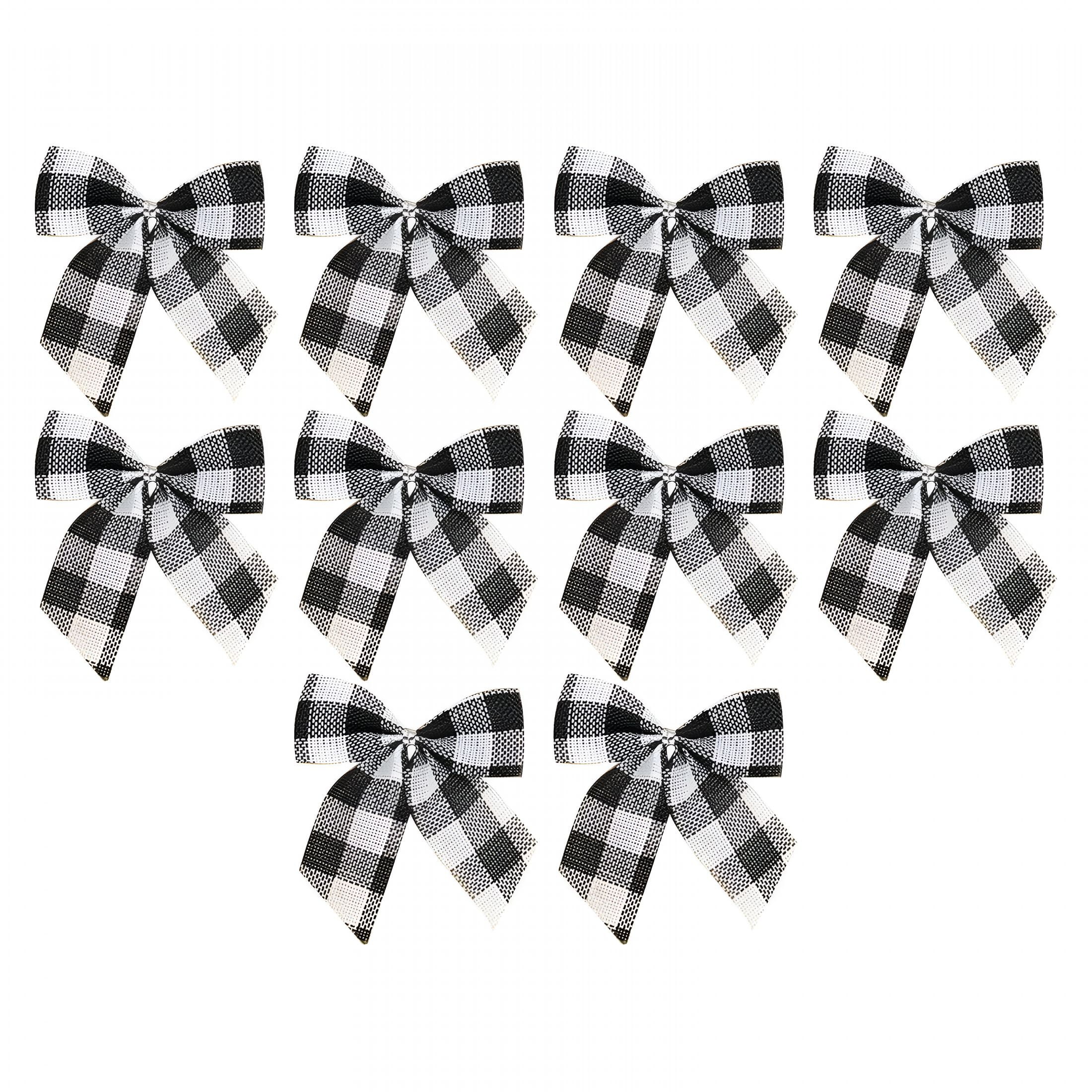 AUQ 10Pcs Mini Buffalo Plaid Ribbon Bows-3" Premade Gingham Bows for Christmas Weddings&Crafts | Pearl Accent Checkered Bows for Gift Wrapping&Party Decor