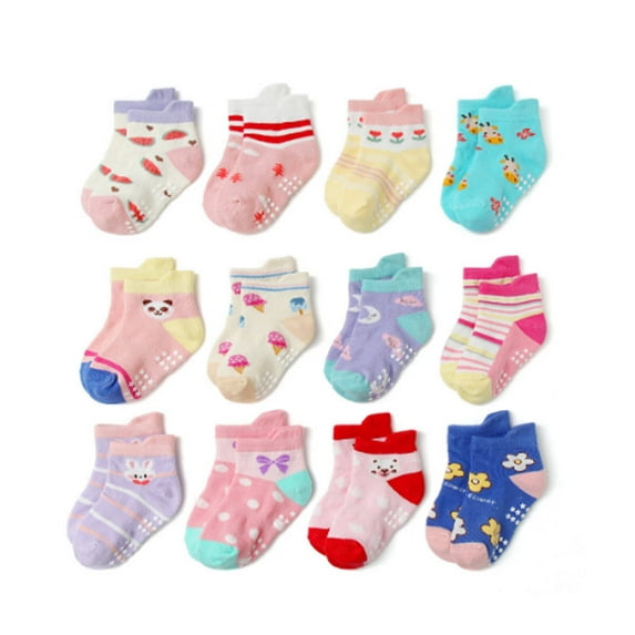 AUQ 12Pcs Kids Socks,Adorable Cartoon Patterns Girls Socks,Unique Small Heel Design Cute Socks
