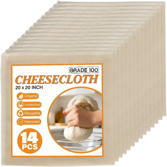 AUQ 14 Pcs Cheesecloth 20x20 Inch, Grade 100 Unbleached Cotton Muslin Fabric, Reusable for Cooking
