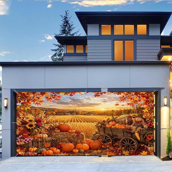 AUQ 16X7Ft Fall Garage Door Banner,Autumn Pumpkin Scarecrow Harvest Leaves Backdrop Door Cover Fall Thanksgiving Wall Decorations Photo Background for Home Party Outdoor Yard Holiday
