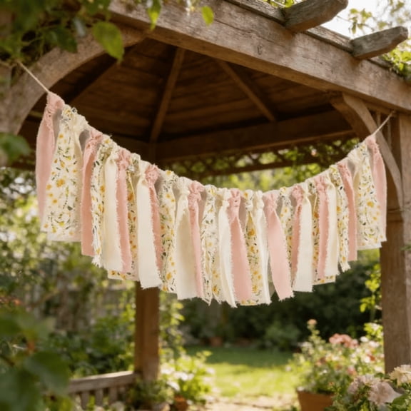 AUQ 1Pc Tassel Garland,Fabric Garland Pink Chiffon Floral Ribbon Banner,78In Long for Wedding Spring Tea Party Table Decor Home Ceiling Wall Hanging