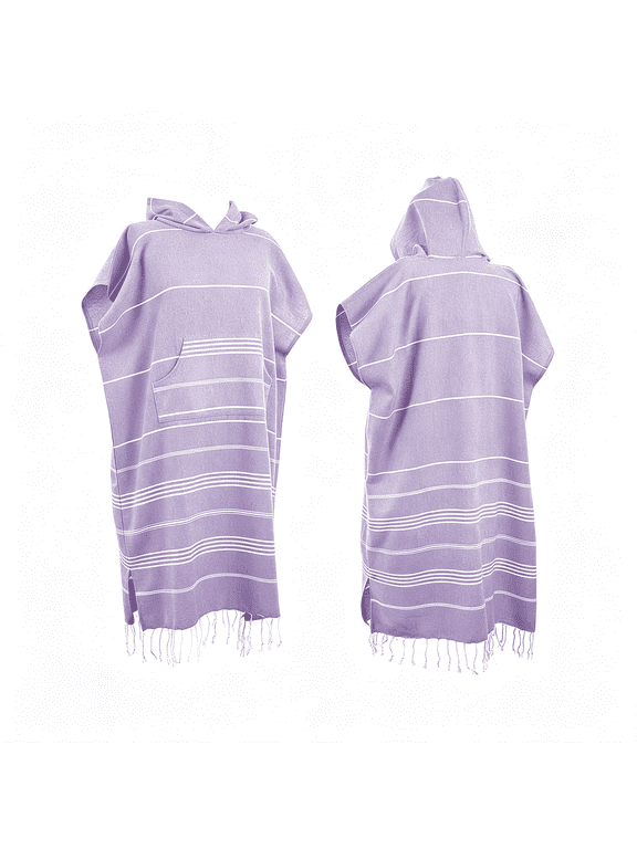 AUQ 1Pcs Large Turkish Cotton Poncho Towel Surf Poncho Changing Robe with Hood and Front Pocket Absorbent Wearable Towel Hooded Beach Towel for Adult Man Women Beach Pool (Purple, Large)