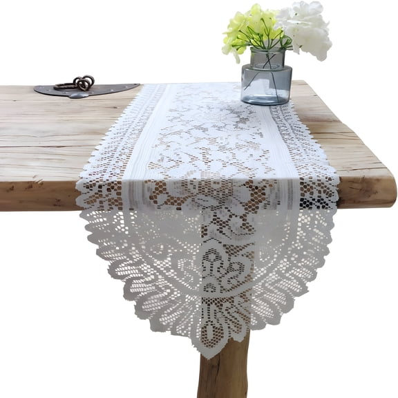 AUQ 2 Pack Cotton Crochet Lace Rectangular Table Runner Dresser Scarf Doilies (White Style,13" X 44")