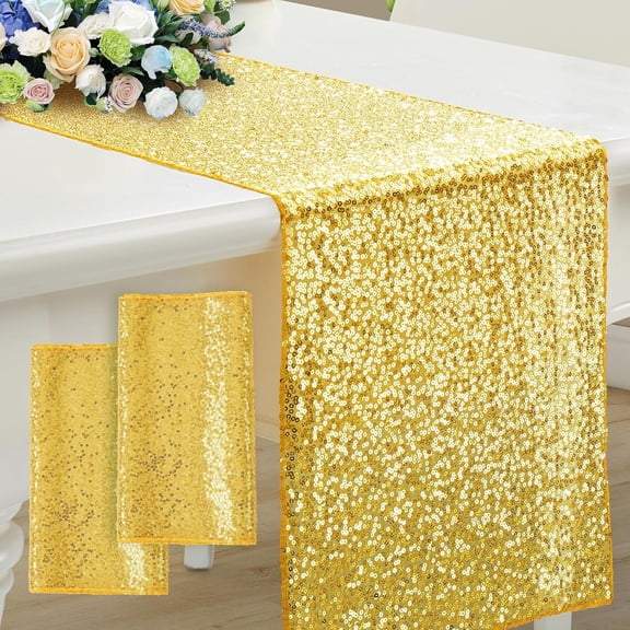 AUQ 2 Pack Gold Sequin Table Runner 12 X 108 Inch,Rectangle Glitter Table Runner Dining Table Centerpiece Decorations for Weddings,Banquet,Holiday,Birthday Party
