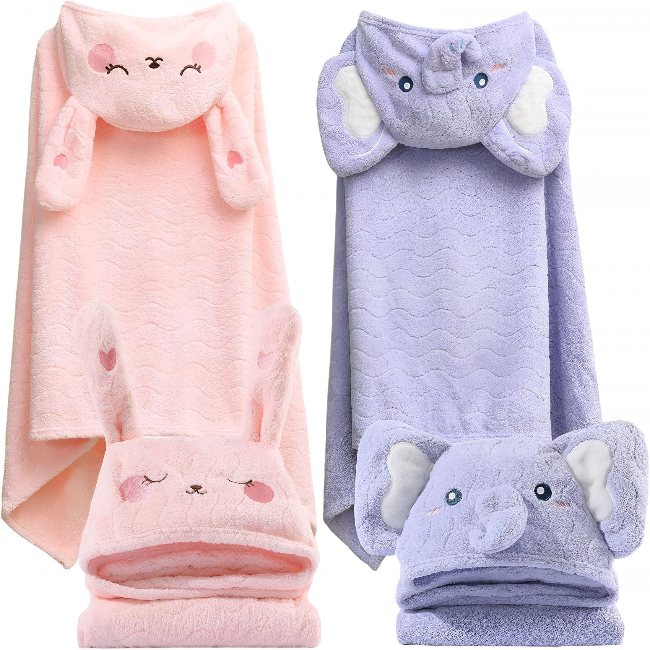 AUQ 2 Pack Hooded Towels for Toddlers - Thick 55" X 27.5" Baby Bath Towel Set for Girls and Boys - Super Absorbent,Age 1-5,Elephant & Rabbit