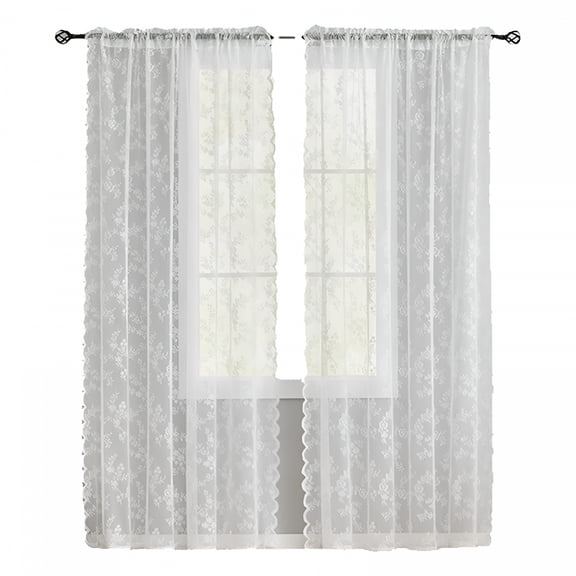 AUQ 2 Panels Sheer Lace Curtains for Bedroom White Elegant Victorian Curtains Scalloped Edges Floral Kitchen Window Curtains 47 Inch Length Rod Pocket,29*47 Inch