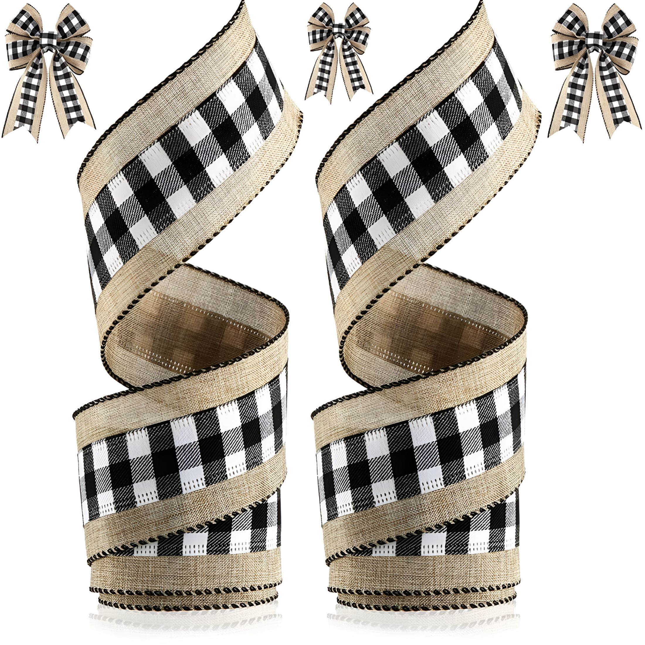 AUQ 2 Rolls Christmas Buffalo Plaid Ribbons Burlap Wired Edge Plaid Ribbons Check Gingham Fabric Craft Ribbon for DIY Bows Wrapping Decoration,6.5 Yards Long Each (Black-White,2.52 Inch Width)