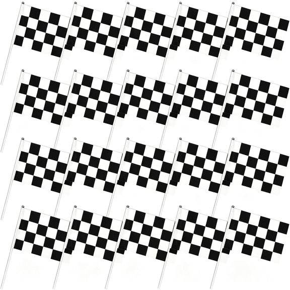 AUQ 20 Pack Checkered Black and White Racing Flags - Mini Hand Held Race Car Flags with Plastic Sticks,Outdoor Garden Party Decorations,Race Car Flags 5X8"