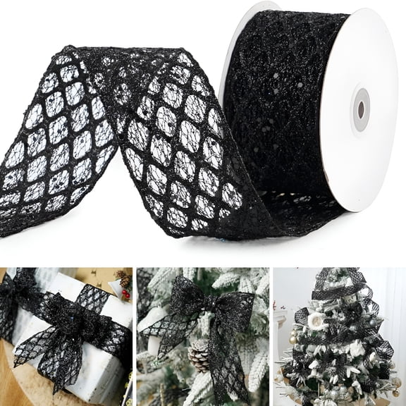 AUQ 2026 New 1 Roll 2.5 Inch Glitter Diamond Mesh Wired Ribbon for Christmas Tree Gift Wrapping Crafts Bows Wreaths Garland Tree Topper Holiday Decor 10 Yards