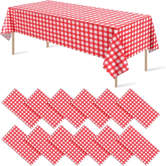 AUQ 2026 New 12 Pack Red and White Plastic Checkered Tablecloth,Decorative Disposable Red Gingham Plaid Table Cloths for Parties,Rectangle Party Table Cover for Picnic Farm Birthday Wedding
