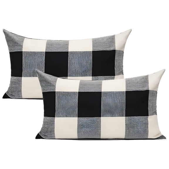 AUQ 2026 New 12X20 Set of 2 Black White Outdoor Throw Pillow Covers Buffalo Check Plaids Lumbar Farmhouse Retro Checkers Cotton Linen Cushion Cover Home Decor for Sofa Couch 12X20 Pillow Cover