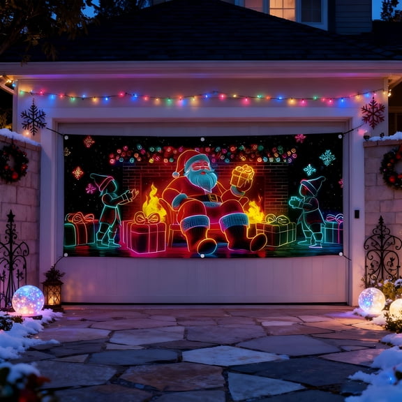 AUQ 2026 New 16X7Ft Uv Activated Christmas Garage Door Cover Banner, Glows in Dark 2D Flat Holiday Garage Door Covers with Cartoon Santa and Elf, Xmas Outdoor Indoor Party Decoration(A)