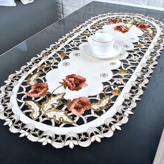 AUQ 2026 New 1Pcs Embroidered Tablecloth Flower Hollow Coffee Table Cloth Home Doily Satin Decor Tablecloth for Home,Living Room,Dining Room,Office