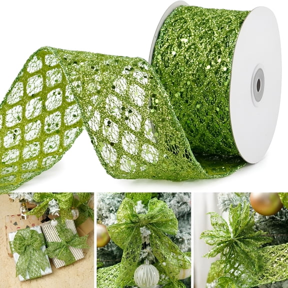AUQ 2026 New 2.5 Inch Glitter Diamond Mesh Wired Ribbon for Christmas Tree Gift Wrapping Crafts Bows Wreaths Garland Tree Topper Holiday Decor 10 Yards