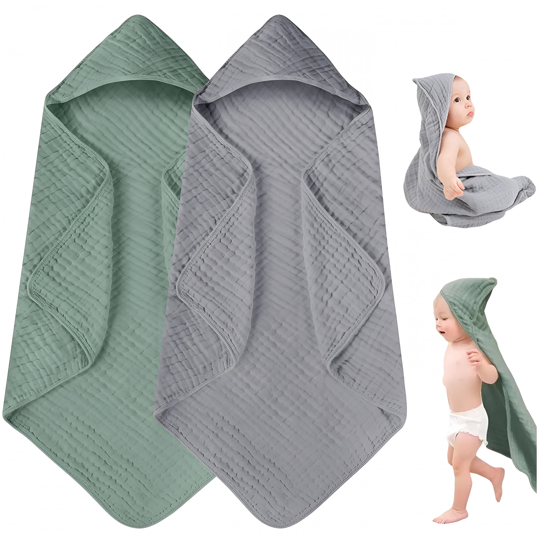 AUQ 2026 New 2 Packs Hooded Baby Bath Towel,Soft&Absorbent Muslin Cotton Baby Towels with Hood for Babies,Toddler&Kids,Green+Grey,31 X 31" for Baby,Bath,Toddler,Kids,Swimming