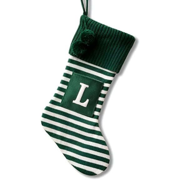 AUQ 2026 New 20 Inches Initial Monogram Embroidered Christmas Stocking Striped Knitted Christmas Decorations Stocking Red White Green Letter Stockings for Family Holiday and Xmas Tree Fireplace Decor