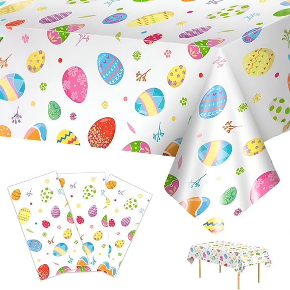 AUQ 2026 New 3 Pack Easter Tablecloth-Colorful Easter Eggs Table Cloth,Plastic Disposable Rectangle Spring Easter Egg Table Cover for Easter Tables Decorations&Party Supplies Favors,108 X 54 Inch