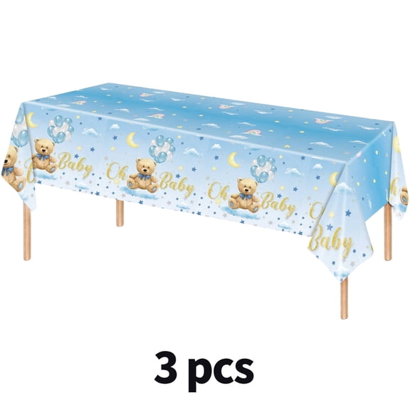 AUQ 2026 New 3Pcs Table Cloth Adorable Cartoon Teddy Bear Rectangle Tablecloth,Oil Resistant Plastic Table Cloth Disposable for Baby Showers,Style2,54*108Inch