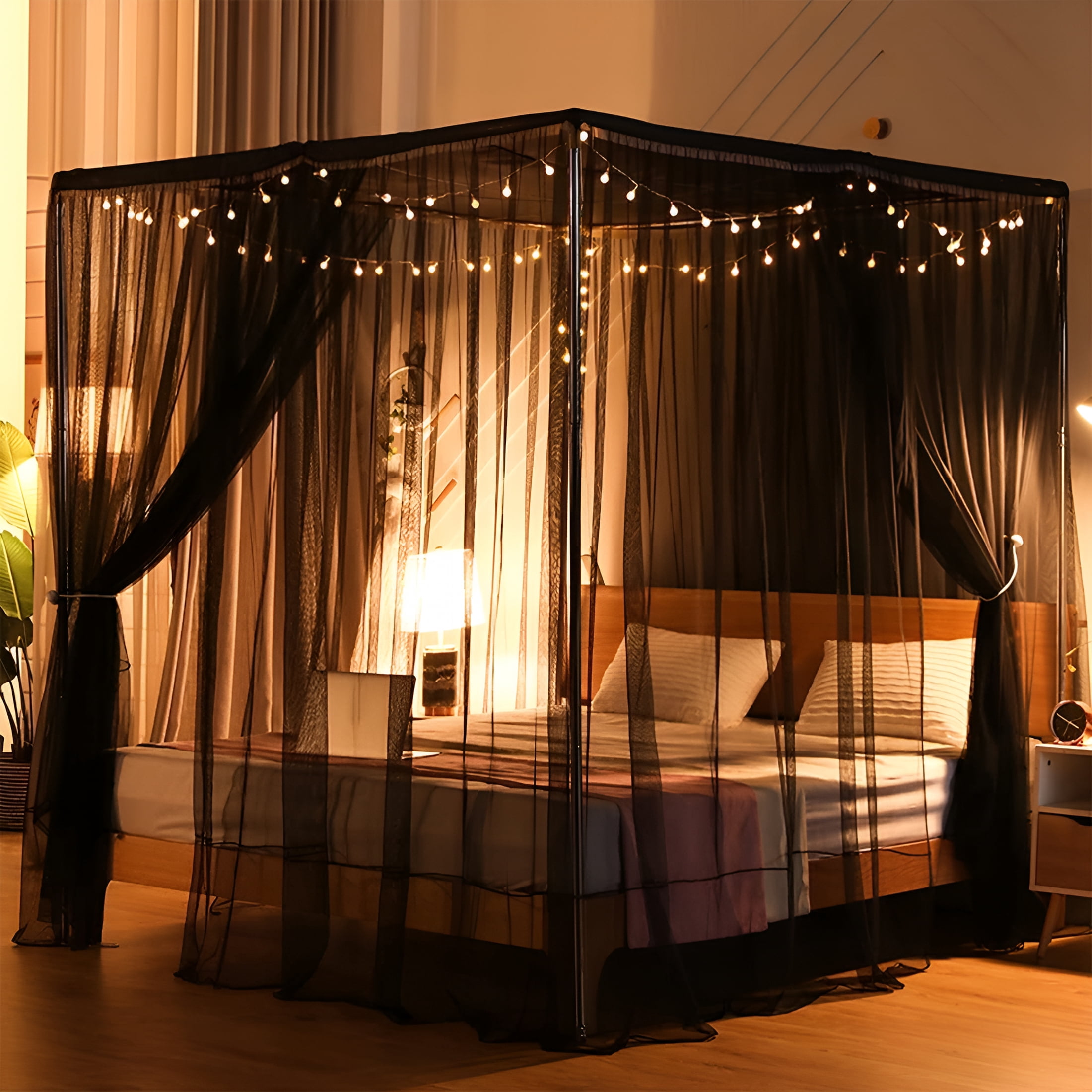 AUQ 2026 New 4 Corner Post Mosquito Net with Dustproof Top Cover for Adult Teen Girls Toddlers Girls Crib Bed Bedroom Decoration; Bed Canopy for Twin/Full/Queen/King Size Bed (Black,King)