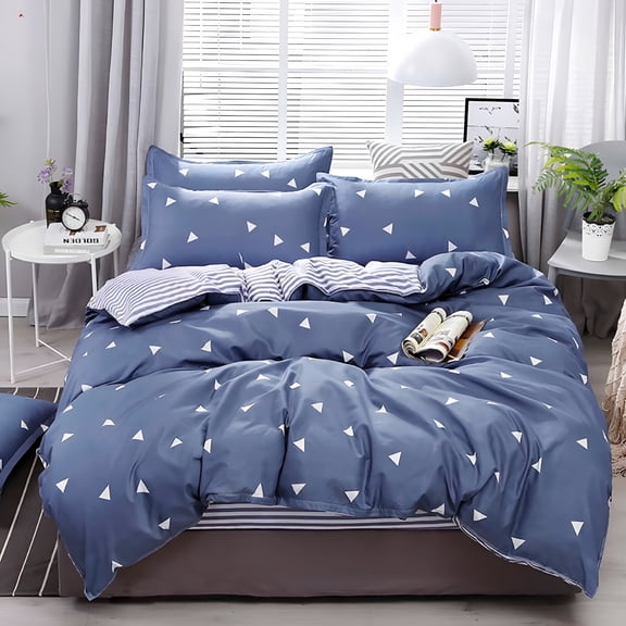 AUQ 2026 New 4 Piece Queen Comforter Set,Plaid Bedding Comforter Set Black and White Grid Geometric Quilt Set Soft Lightweight Down Alternative Bed Set (Light Blue)