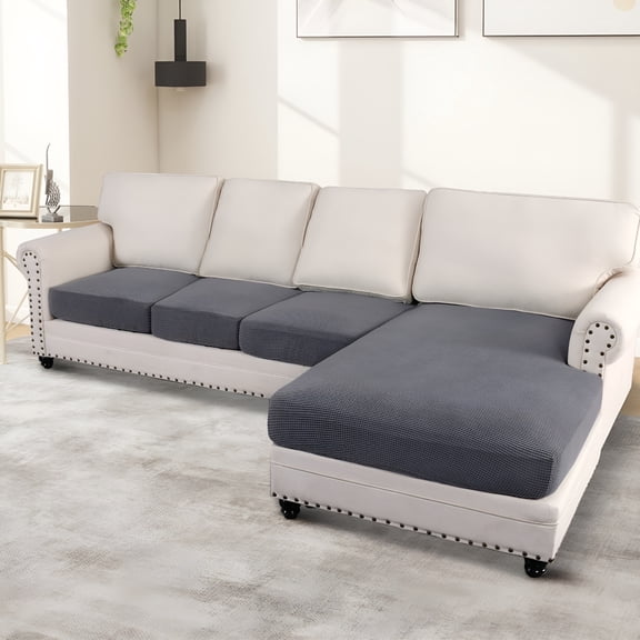 AUQ 2026 New 4-Piece Separate Slipcovers Textured Grid Polyester Blend Sectional Couch Sofa Covers for Left/Right L Shape Chaise Lounge Sofa Sectional Sofa Covers L-Shaped,Grey 3 Seater + 1 Chaise