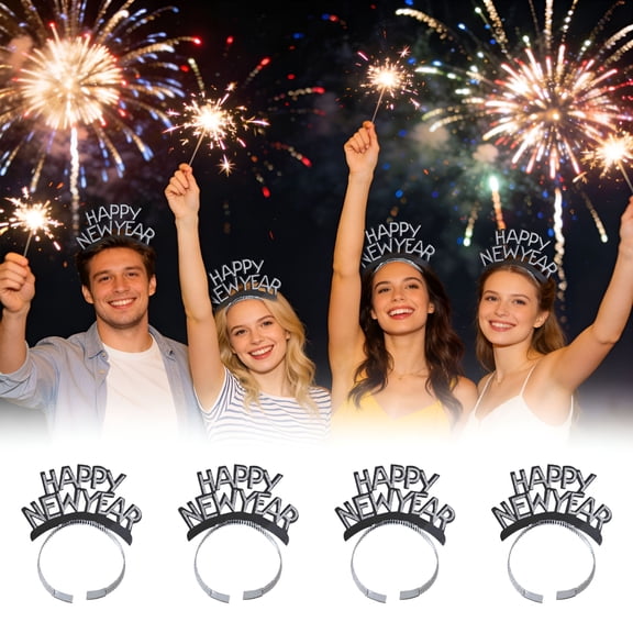 AUQ 2026 New 4 Pieces New Years Eve Party Supplies, Happy New Year Headband Tiara, Metallic Fringed Noise Makers for Kids and Adults (Black, 1118Cm/4.37.1Inch)