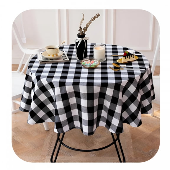 AUQ 2026 New 54 Inch Round Checkered Tablecloth Spillproof Wrinkle Free Heavy Weight Gingham Table Cloth for Circular Table Cover,Buffalo Plaid for Buffet Banquet Parties Holiday Dinner Black&White