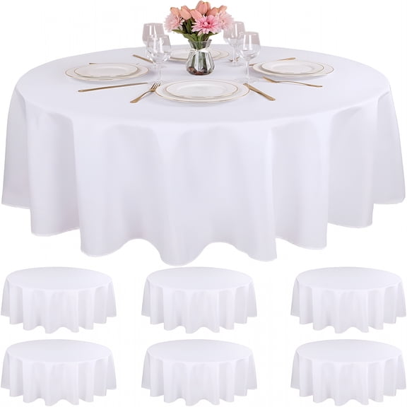 AUQ 2026 New 6Pcs White Round Table Cloths 90In White Polyester Circle Bulk Linen Tablecloth Wrinkle Resistant Tablecloths Washable High Density Fabric Tablecovers for Wedding Camping Banquet Parties