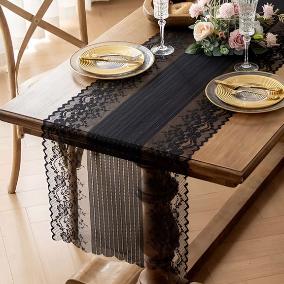 AUQ 2026 New Black Lace Table Runner,17.7X47.2Inch Floral Embroidered Black Runner for End Table Coffee Table Buffet,Black Lace Doilies Dresser Runner Scarf,Black Table Decoration