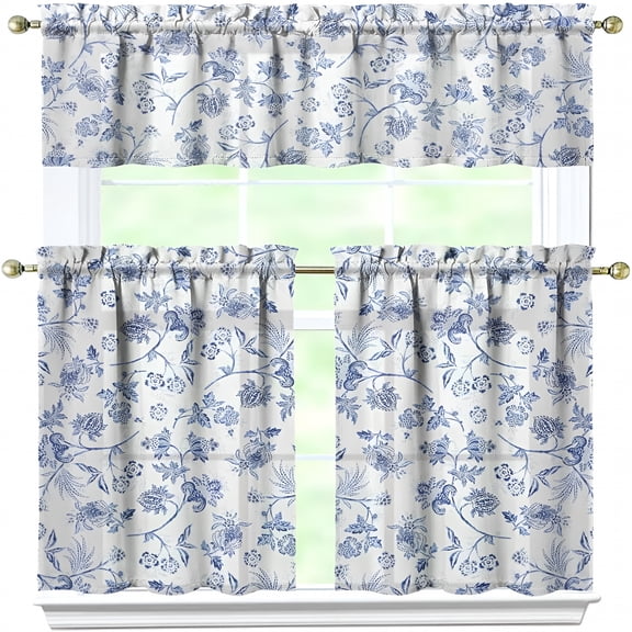 AUQ 2026 New Blue Floral Kitchen Curtain Valance 3 Piece Set,French Farmhouse Kitchen Decor for Home Interior Decor,Blue and White Kitchen Curtains and Valance Set Short Curtain Sink Window Decor 36"