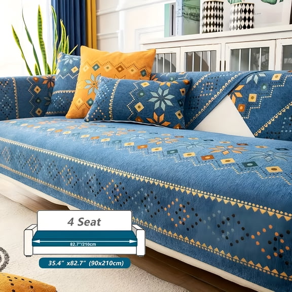 AUQ 2026 New Bohemian Chenille Sofa Cover Couch Cover for Pets - Non-Slip Geometric Pattern L-Shaped Sectional Couch Covers,Furniture Protector,Pet-Friendly,Home Decor (Blue)