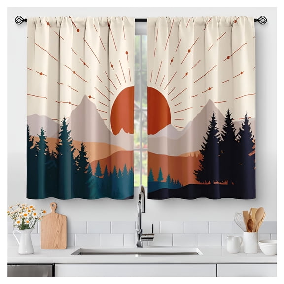 AUQ 2026 New Boho Forest Kitchen Curtains - Aesthetic Modern Country Mountain Sunset Nature Sun Rustic Art Short Cafe Tier Curtains Decor for Living Room Rod Pocket Window Drapes 2 Panels Set 28"