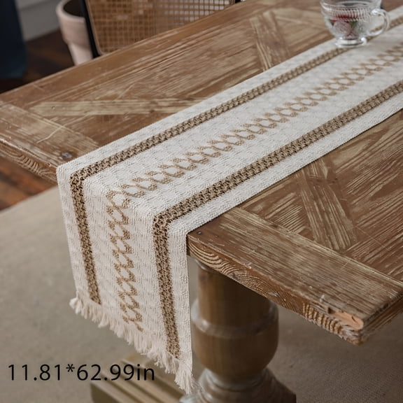 AUQ 2026 New Braided Farmhouse Table Runner Vintage Woven Table Runner Cotton Linen Striped Stitching Table Decorations with Tassel for Dining Party Holiday,11.81*63''
