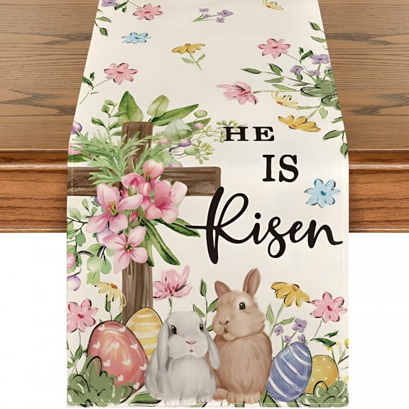 AUQ 2026 New Bunny Rabbits Eggs He Is Risen Easter Table Runner,Seasonal Spring Kitchen Dining Table Decoration for Home Party Decor for Dining, Coffee Table, Buffet, Picnic 13X72 Inch