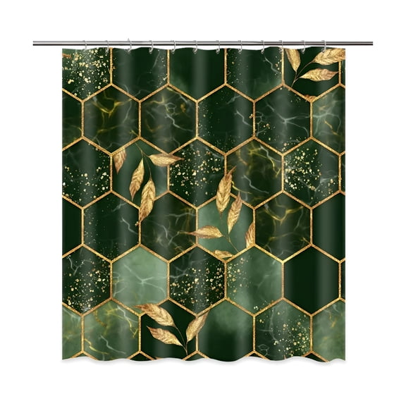AUQ 2026 New Dark Green Shower Curtain Emerald Marble Bath Curtain Gold Decor Leaves Geometric Fabric Bathroom Shower Curtains