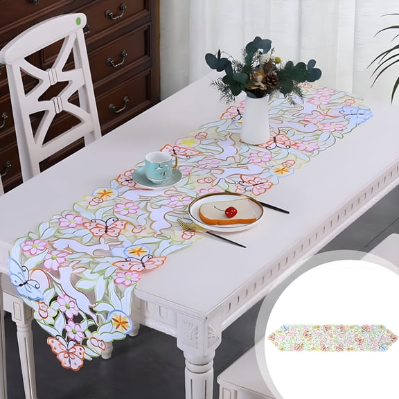 AUQ 2026 New Easter Bunny Table Runner,15"X70" Colorful Cutwork Embroidered Floral Rabbit Eggs Butterfly Table Runners,Farmhouse Easter Table Cover Holiday Kitchen Dining Table Decoration for Party