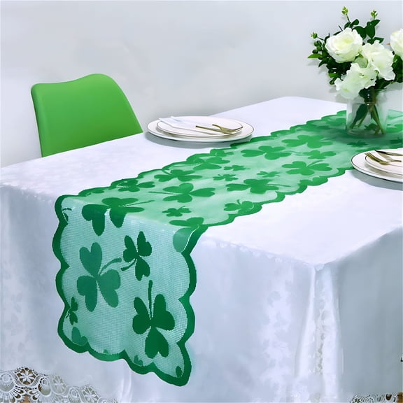 AUQ 2026 New Embroidered Irish Clover Table Runners for St.PatrickS Day,Applique and Cutwork Green Lucky Shamrock Table Runner 13"X72" Dresser Scarf for Spring Tabletop Decorations